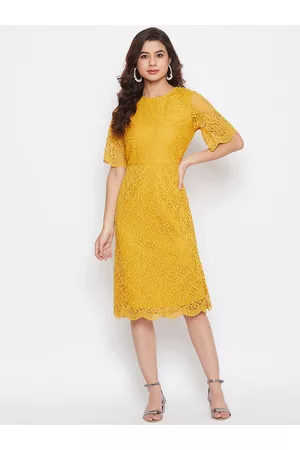 Imfashini Women Yellow Self Design A-Line Dress