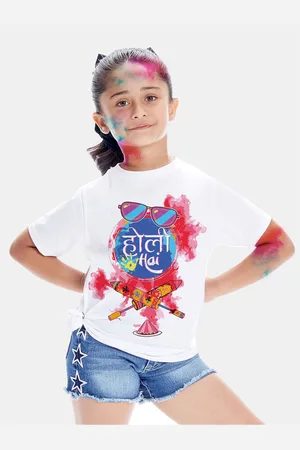 BONKIDS Girls White & Red Holi Hai Holi Printed Round Neck Cotton T-shirt