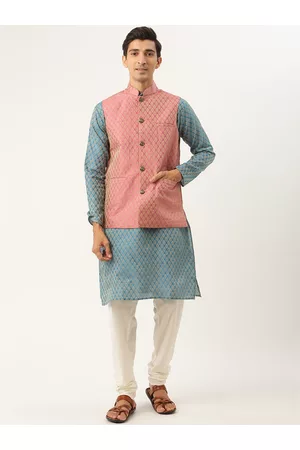 SOJANYA Men Blue Ethnic Motifs Kurta with Churidar & Nehru Jacket