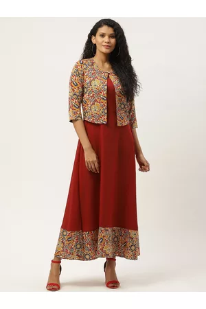 Deewa Women Maroon & Mustard Yellow Solid Maxi Dress
