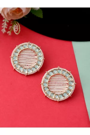 Silvermerc Designs Women Green & Gold-Toned Beaded Contemporary Studs Earrings
