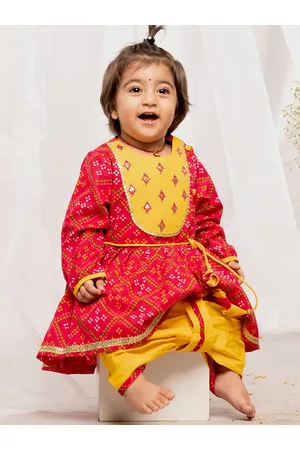 Tiber Taber Girls Pink Bandhani Printed Regular Beads and Stones Pure Cotton Kurta with Dhoti Pants