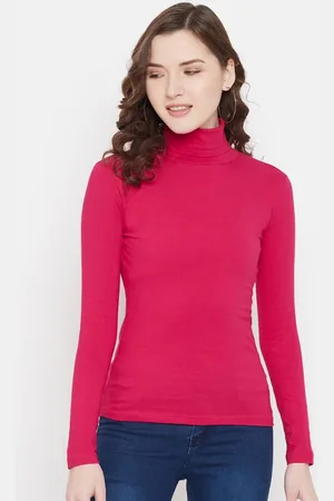Hypernation Women Fuchsia Solid High Neck T-shirt
