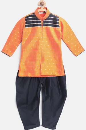 BownBee Boys Orange & Navy Blue Woven Design Sherwani Set