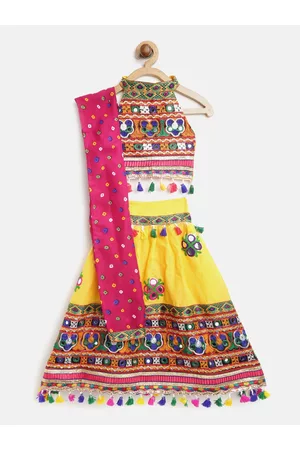 BownBee Girls Yellow & Green Embroidered Ready to Wear Lehenga & Blouse with Dupatta
