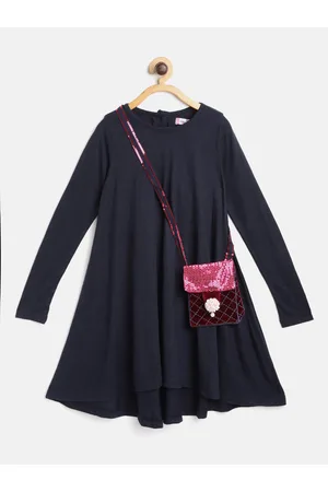 Nauti Nati Girls Navy Blue Solid A-Line Dress with Sling Bag