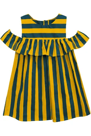 A.T.U.N. Mustard Yellow & Navy Blue Striped A-Line Dress