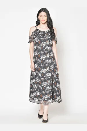 Cation Women Charcoal Grey & White Floral Print Midi A-Line Dress