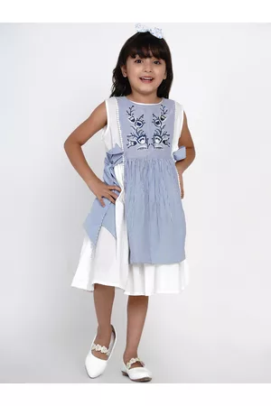 Bhama Girls Blue & White Striped Fit and Flare Layered Dress