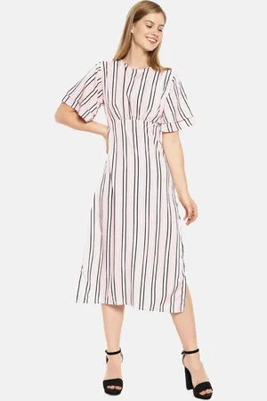 Campus Women Pink & Black Striped A-Line Midi Dress
