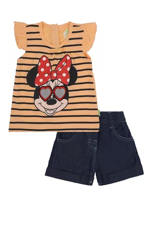 BodyCare Girls Orange & Navy Blue Minnie & Friendly Printed Top with Shorts