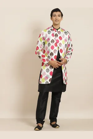SOJANYA Men Black Solid Kurta with Churidar & Printed Jacket