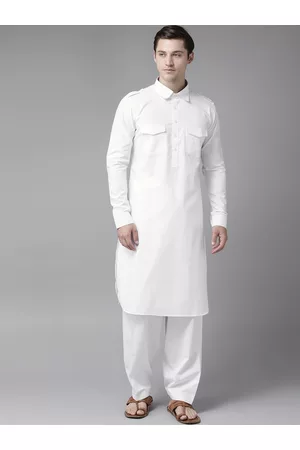 See Designs Men White Pure Cotton Solid Pathani Kurta with Salwar