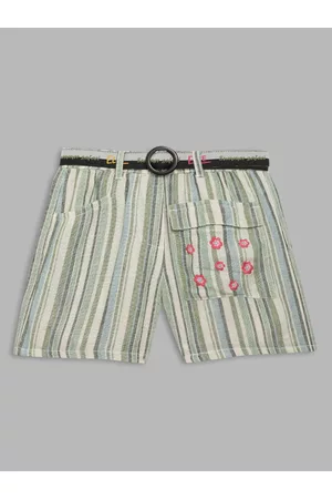 Elle Girls Olive Green Striped Cotton Shorts