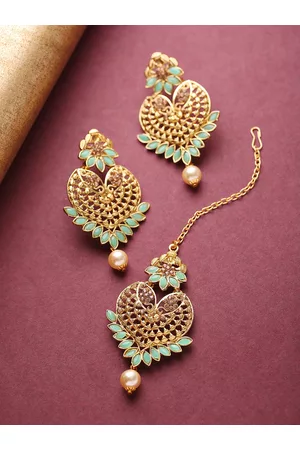 Priyaasi Mint Green Gold-Plated Stone-Studded Handcrafted Maang Tika & Earrings Set