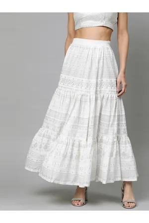 W Omen hite Pure Cotton Floral Printed Tiered A-Line Skirt