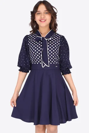 CUTECUMBER Girls Navy Blue & White Peter Pan Collar Fit And Flare Dress