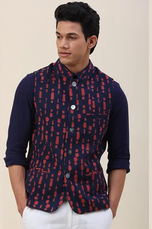 Fabindia Men Blue Printed Pure Cotton Nehru Jackets