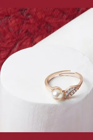 Ami Rose Gold-Plated White CZ-Studded & Pearl Beaded Adjustable Finger Ring