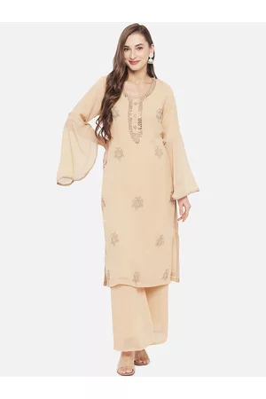 Aujjessa Women Beige Ethnic Motifs Embroidered Beads and Stones Kurta with Palazzos