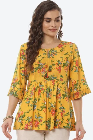 Rangriti Women Yellow Floral Print Tie-Up Neck Top