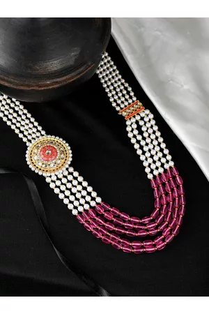 Silvermerc Designs Unisex White & Pink Brass Gold-Plated Layered Kundan Brooch Necklace