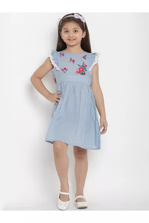 Bhama Girls Blue Solid Chambray Fit and Flare Dress