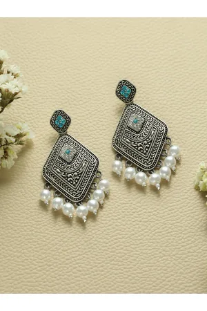 Priyaasi Silver-Toned & Blue Contemporary Oxidised Drop Earrings