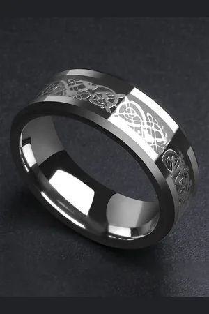 Yellow Chimes Men Silver-Toned Dragon Celtic Inlay Polish Finger Ring