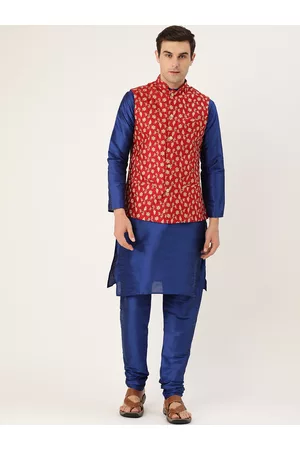 SOJANYA Men Blue & Red Solid Kurta with Churidar & Nehru Jacket