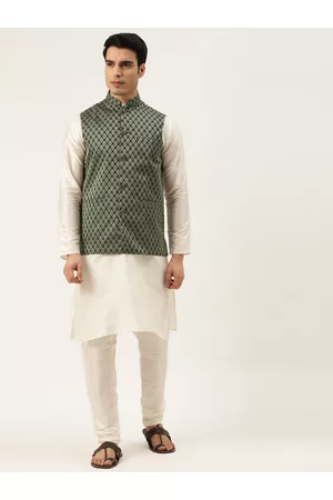 SOJANYA Men Off White & Olive Green Kurta with Churidar And Nehru Jacket
