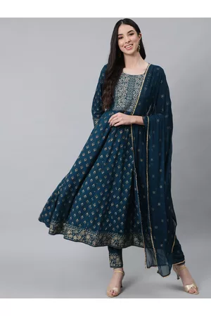 Ishin Women Navy Blue Ethnic Motifs Embroidered Thread Work Kurta with Trousers & With Dupatta