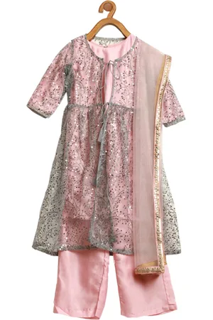 Ethnovog Girls Pink Grey Floral Embroidered Sequinned Kurti With Trousers Dupatta