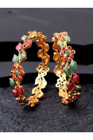 Shining Diva Set Of 2 Gold-Plated Red & Green Stone-Studded Meenakari Bangles