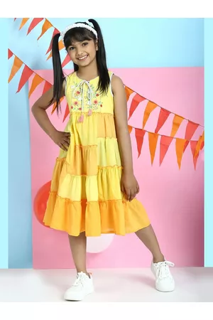 Biba Yellow Colourblocked Tie-Up Neck Cotton A-Line Midi Dress