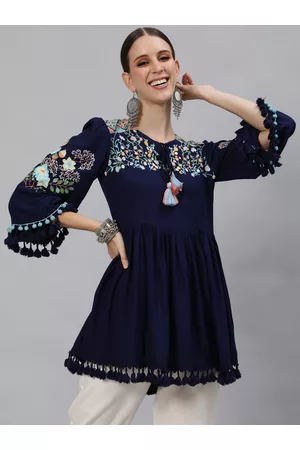 Ishin Women Navy Blue Embroidered Fit and Flare Top