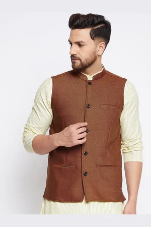 Even Men Brown Woven Design Nehru Jacket