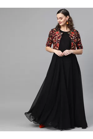 Inddus Women Black Solid Gown With Heavy Embroidered Satin Jacket