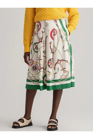GANT Women White & Green Printed Pure Cotton Flared Midi Pleated Skirt