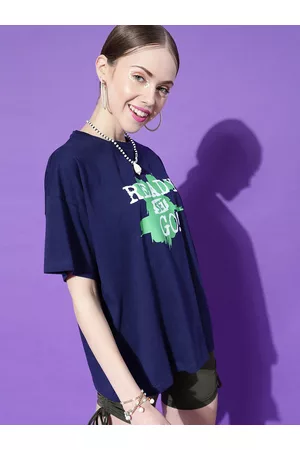 STREET 9 Women Navy Blue Typography Printed Drop-Shoulder Sleeves Pure Cotton Oversized T-shirt