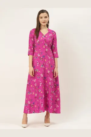 Deewa Women Magenta & Blue Floral Print Maxi Dress
