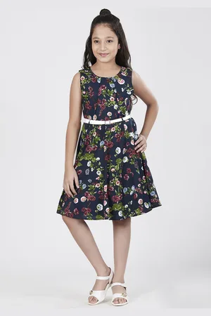 CACA CINA Girls Navy Blue & Green Printed Fit and Flare Dress