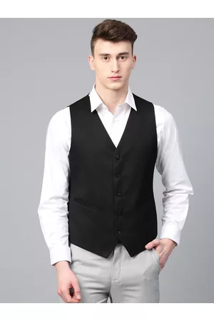 MANQ Men Black Solid Slim Fit Formal Waistcoat