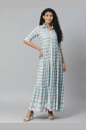 Rangriti Women Blue & Grey Tiered Ikkat Print Shirt Maxi Dress