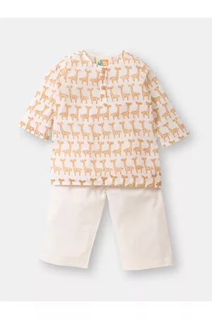 THE BABY LABEL Kids Brown & White Ethnic Motifs Printed Pure Cotton Kurta with Pyjamas