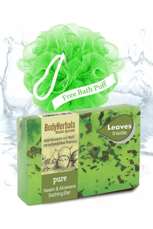 BodyHerbals Pure Neem Aloevera Bathing Soap Bar with Natural Chunks 100g & Free Bath Puff