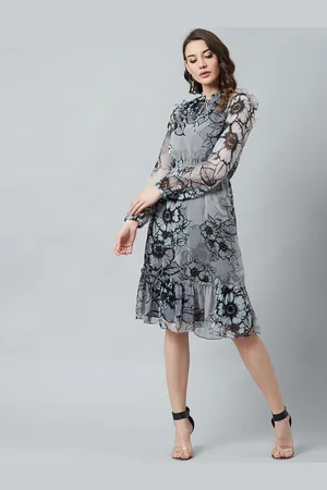 ATHENA Grey Floral Printed Fit and Flare Dress