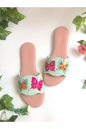 Sole House Women Green & Pink Embroidered Open Toe Flats