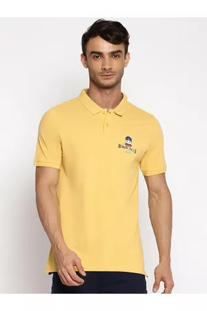 Lee Men Yellow Typography Printed Polo Collar Slim Fit Cotton T-shirt