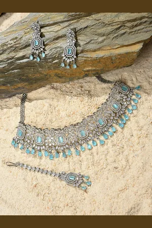 SOHI Silver-Plated & Blue Stone-Studded Jewellery Set
